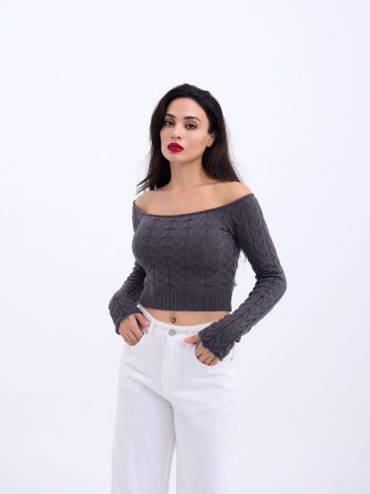 42241 TRİKO KAYIK YAKA CROP-ANTRASİT resmi